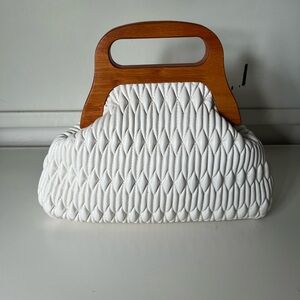 Chic White Textured Clutch with Wooden Handle
